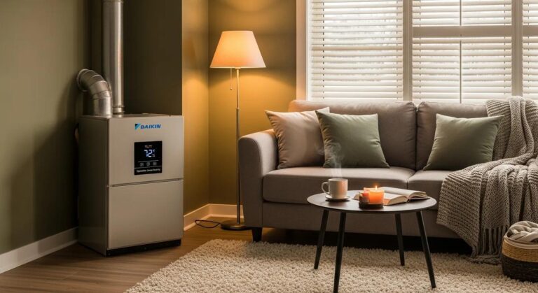 Daikin furnace in a cozy living room — dependable home heating