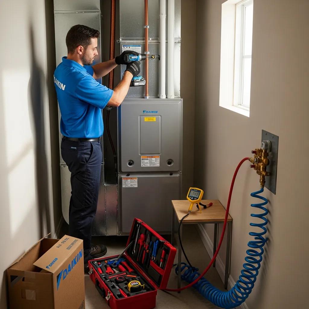 Technician installing a Daikin furnace — professional, code-compliant installation