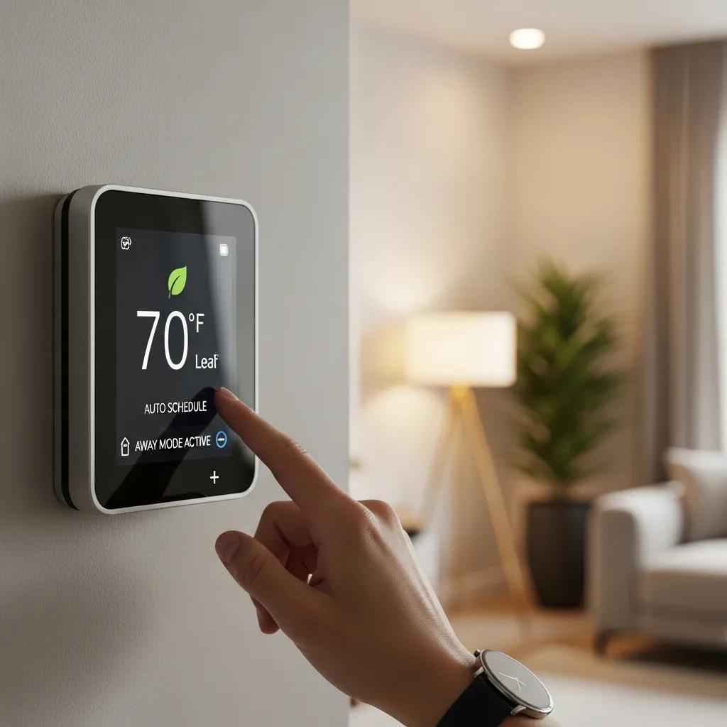 Smart thermostat on a wall set to save energy