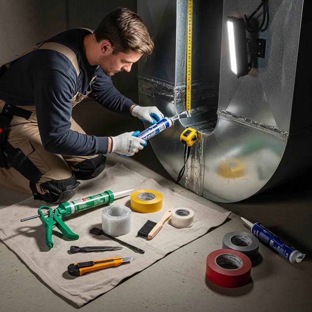Technician sealing home ductwork to reduce energy loss
